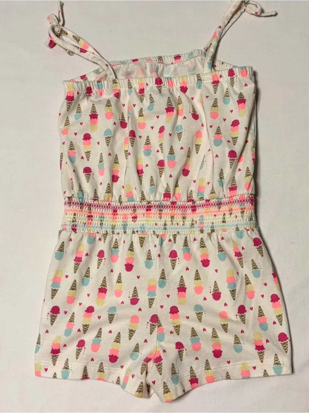 Healthtex Girls 5T Ice Cream Cone Print Smocked Romper Tie Strap Shorts Playsuit